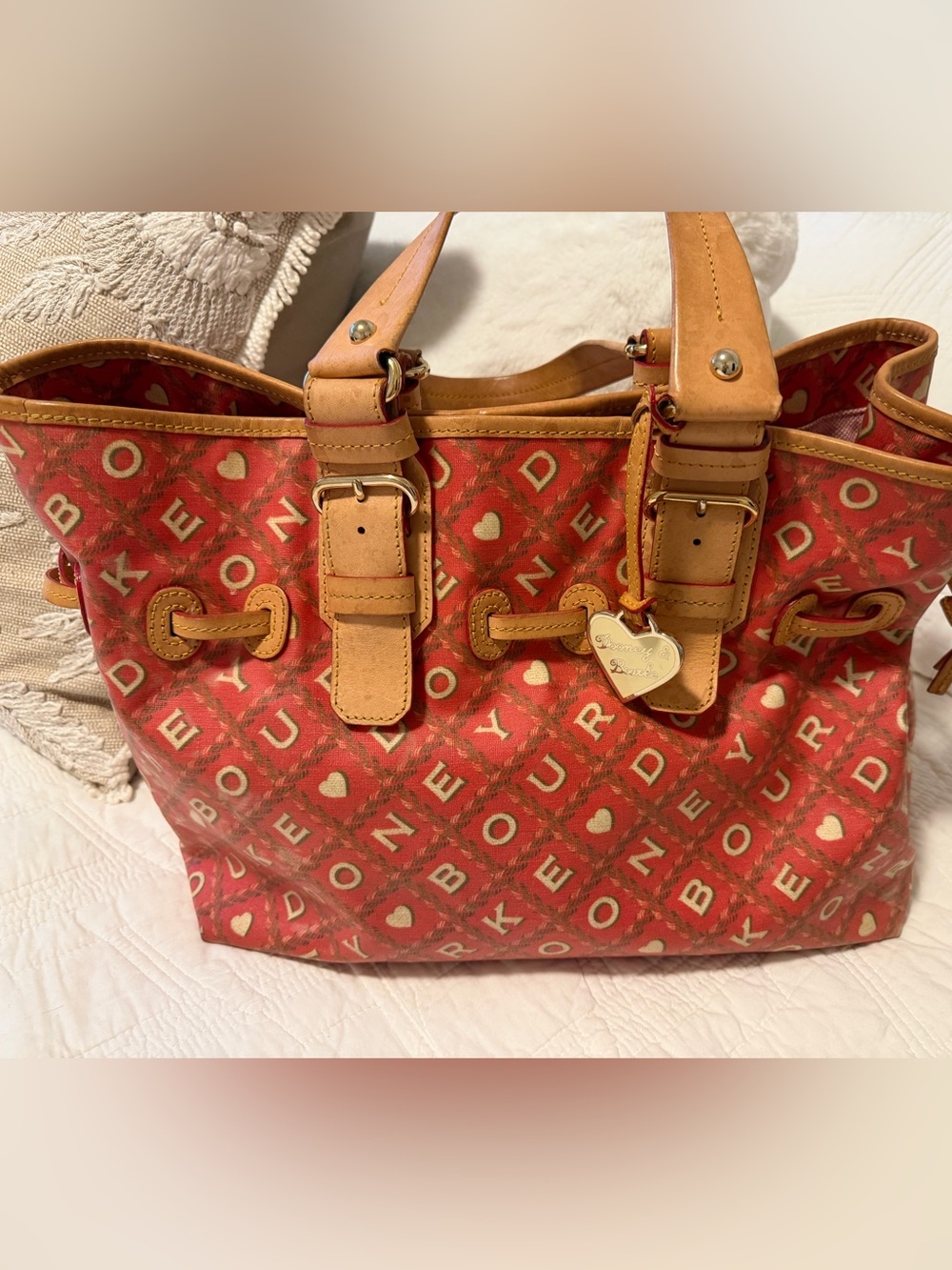 Dooney & Bourke Red Crossword/Spellout Tote with Charm 11x14